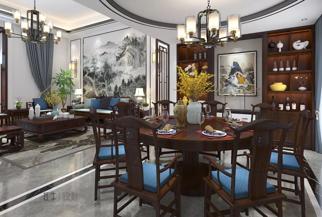 南京奧斯博恩莊園190平米現(xiàn)代中式風(fēng)格裝修  古典美學(xué)融入現(xiàn)代設(shè)計02客餐廳
