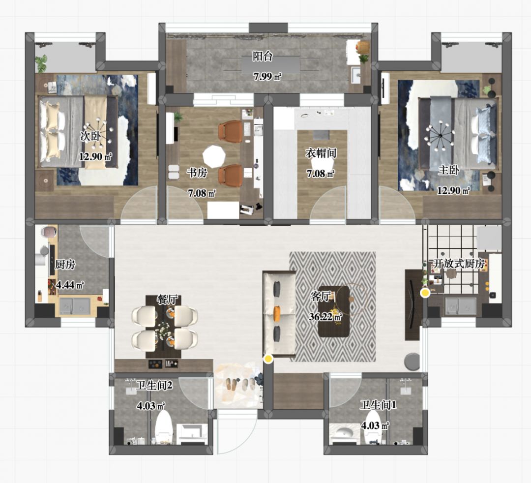 劉萍萍_花崗鴻福城132㎡現(xiàn)代簡約風(fēng)格_兩套小戶型打通變大宅，中西雙廚房+衣帽間打造品質(zhì)生活！01彩平圖