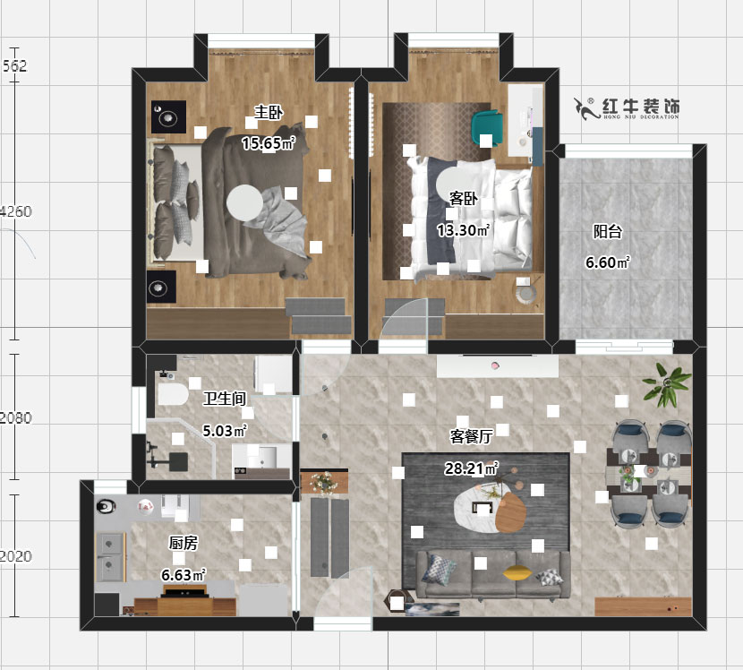 劉曉芳_青桐園12-1507-92㎡-現(xiàn)代風格_彩色平面圖
