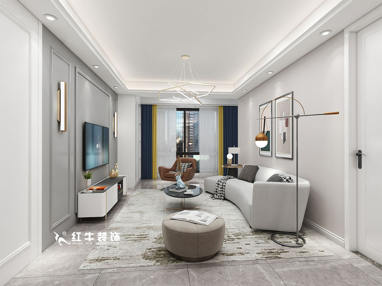 顧娟_金地都會意境118㎡現(xiàn)代風格--弧形沙發(fā)設(shè)計，獨特有創(chuàng)意！01客廳