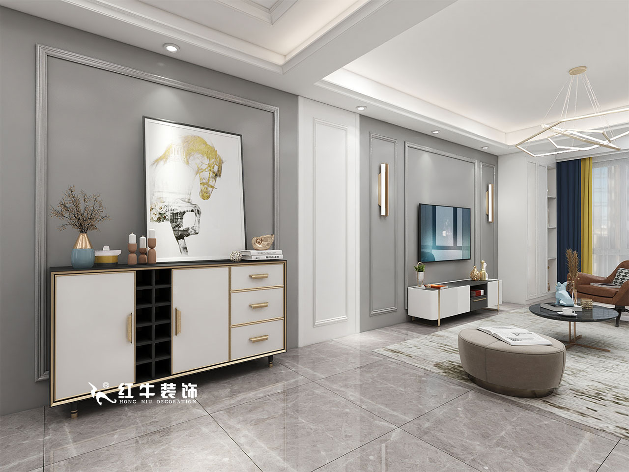 顧娟_金地都會意境118㎡現(xiàn)代風格--弧形沙發(fā)設(shè)計，獨特有創(chuàng)意！04客廳設(shè)計_電視背景墻