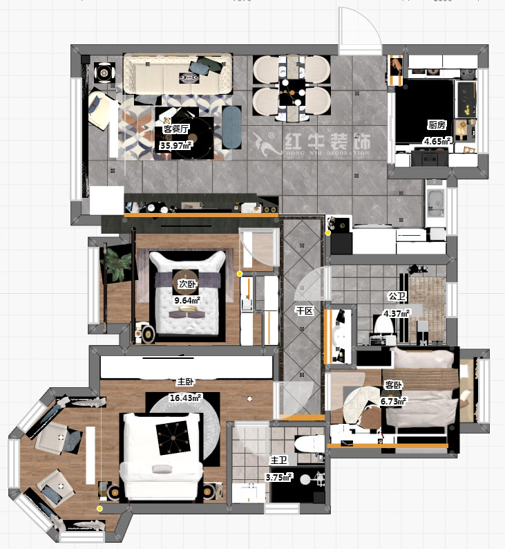 蔣琛_中南世紀雅苑6-801-105㎡-簡歐輕奢風格_3室2廳2衛(wèi)（二手房裝修）_定制家￥176971_全包15萬00_03彩平圖