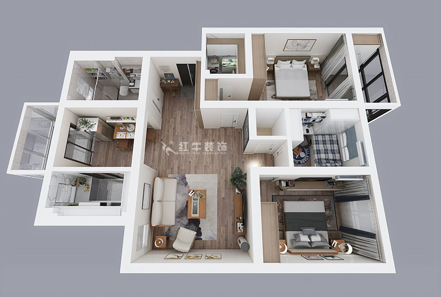 蔣琛_時代雅居21-502-130㎡-現(xiàn)代簡約風格_3室2廳2衛(wèi)（老房裝修）_定制家￥150011_全包15萬00_04鳥瞰圖