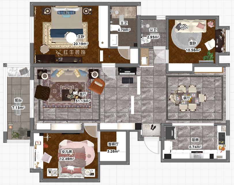 魏明花_華府國際8-1-801-142㎡-美式風格_3室2廳1衛(wèi)（毛坯房裝修）_定制家￥206480_全包20萬00_03彩平圖