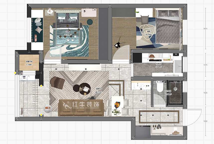 朱明琪_紫楊佳園24-3-910-87㎡-現(xiàn)代簡約風格_2室2廳1衛(wèi)（新房裝修）_成品家￥120000_全包10萬00_03彩平圖