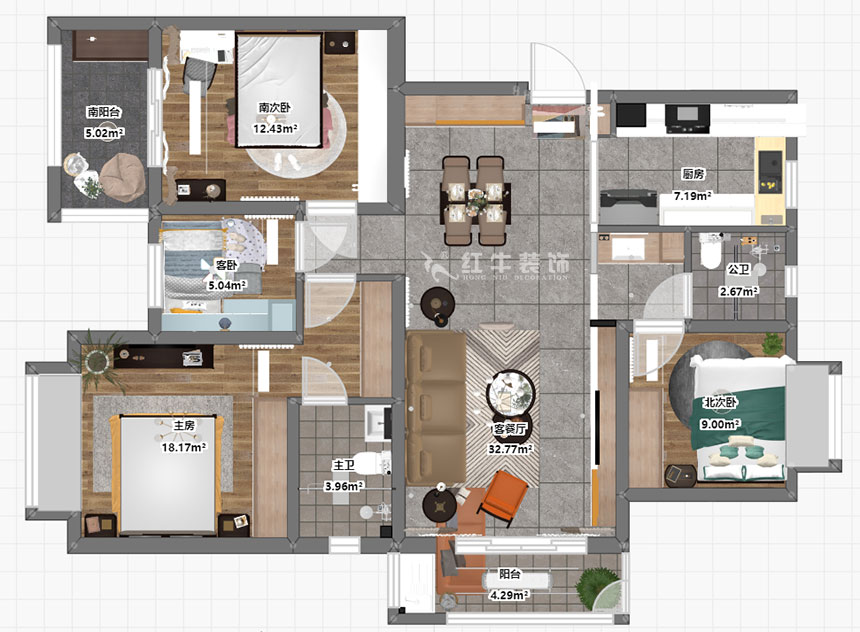 蔣?。薪诲\蘭薈-130㎡-現(xiàn)代簡約風格｜4室2廳2衛(wèi)｜新房裝修｜定制家￥165462｜全包17萬｜00_03彩平圖