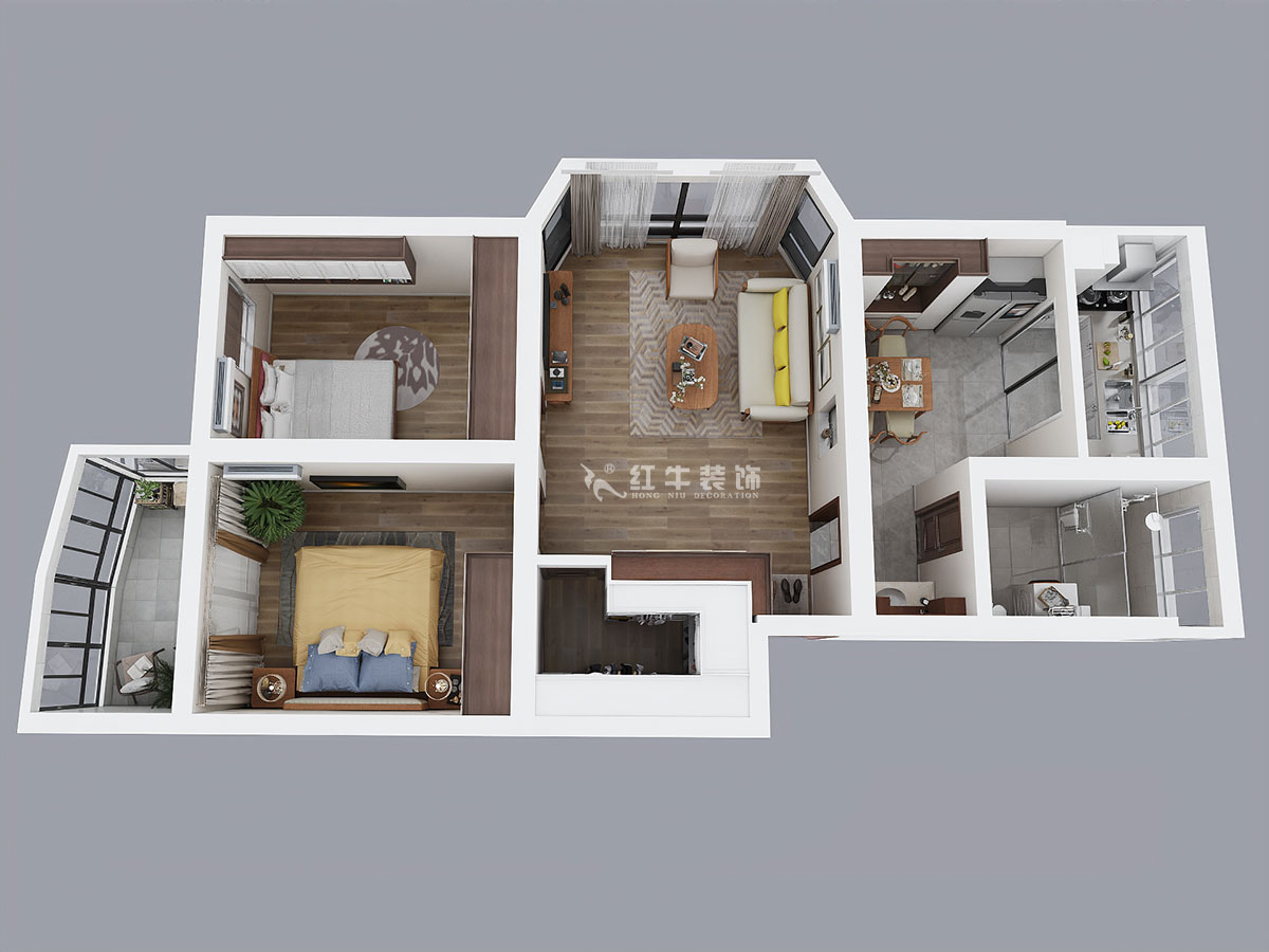 朱彥｜龍?bào)椿ㄔ?-5-302-86㎡-簡(jiǎn)約風(fēng)格｜3室2廳1衛(wèi)｜老房裝修｜定制家￥97500｜全包10萬(wàn)｜00_04鳥瞰圖