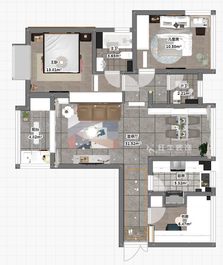 魏明花｜弘陽時光里14-2-1108-96㎡-現代簡約風格｜3室2廳2衛(wèi)｜二手房裝修｜定制家￥146925｜全包14