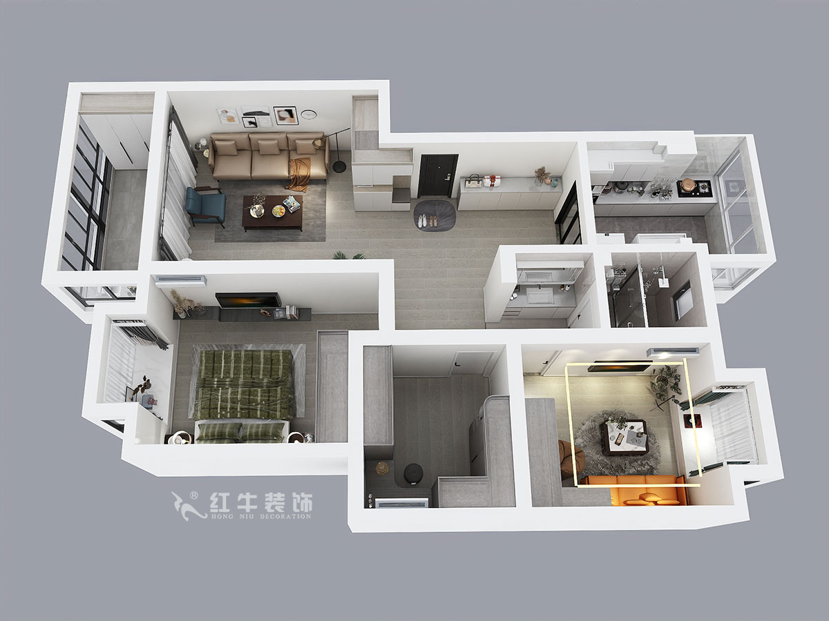 蔣?。趟铺?-3-401-106㎡-現(xiàn)代簡約風(fēng)格｜3室2廳1衛(wèi)｜新房裝修｜成品家￥152999｜全包15萬｜00_04鳥瞰圖