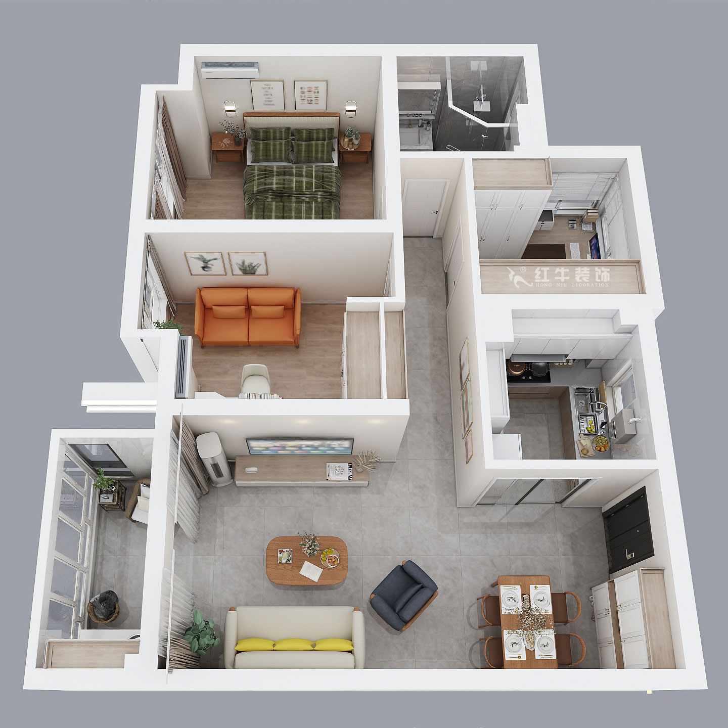 孟憲濤｜華潤(rùn)幸福里10-2203-88㎡-簡(jiǎn)約風(fēng)格｜3室1廳1衛(wèi)｜新房裝修｜定制家￥118229｜全包12萬｜00_04鳥瞰圖