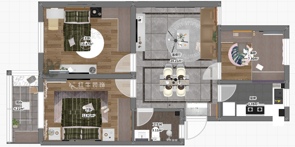 孟憲濤｜寧康苑12-3-205-84㎡-簡約風格｜3室1廳1衛(wèi)｜老房裝修｜定制家￥113603｜全包12萬｜00_03彩平圖