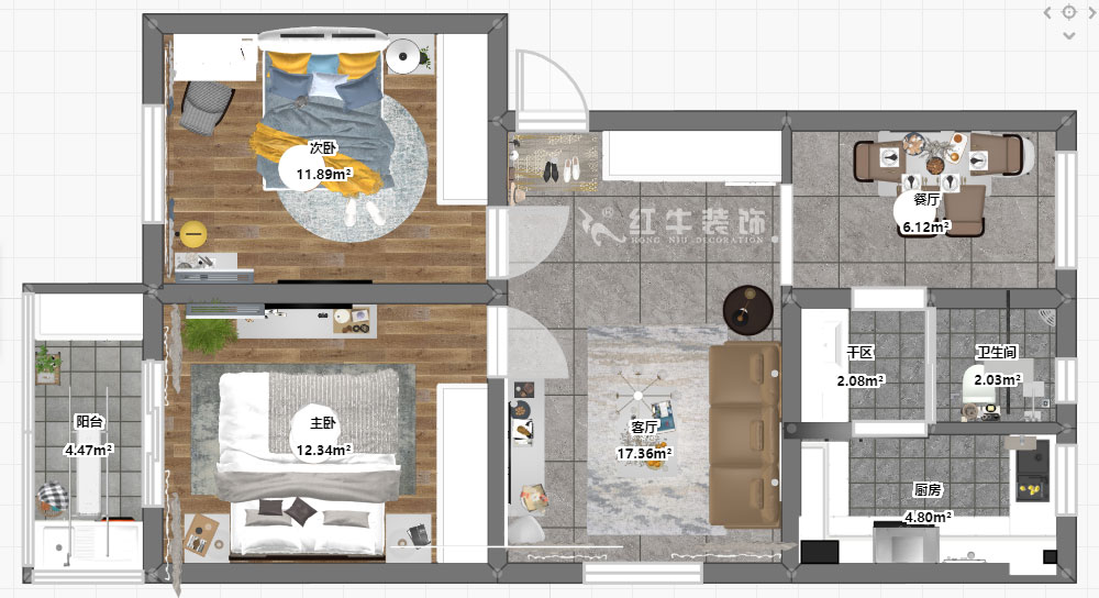 蔣?。T(mén)坎110號(hào)3-501-75㎡-現(xiàn)代簡(jiǎn)約風(fēng)格｜2室2廳1衛(wèi)｜舊房裝修｜成品家￥120000｜全包12萬(wàn)｜00_03彩平圖