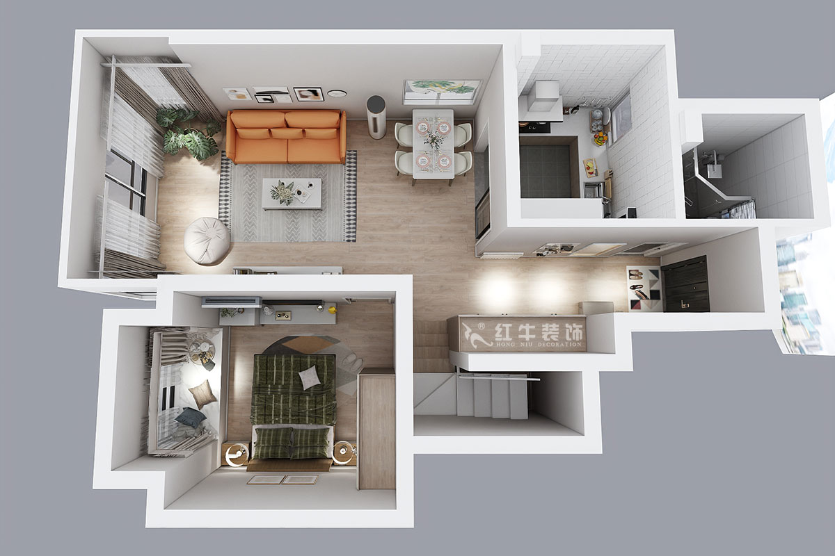 蔣?。魅A龍樾2-6-312-106㎡-簡約風(fēng)格｜小復(fù)式｜2室2廳2衛(wèi)｜二新房裝修｜成品家￥162999｜全包15萬｜00_07一樓鳥瞰圖