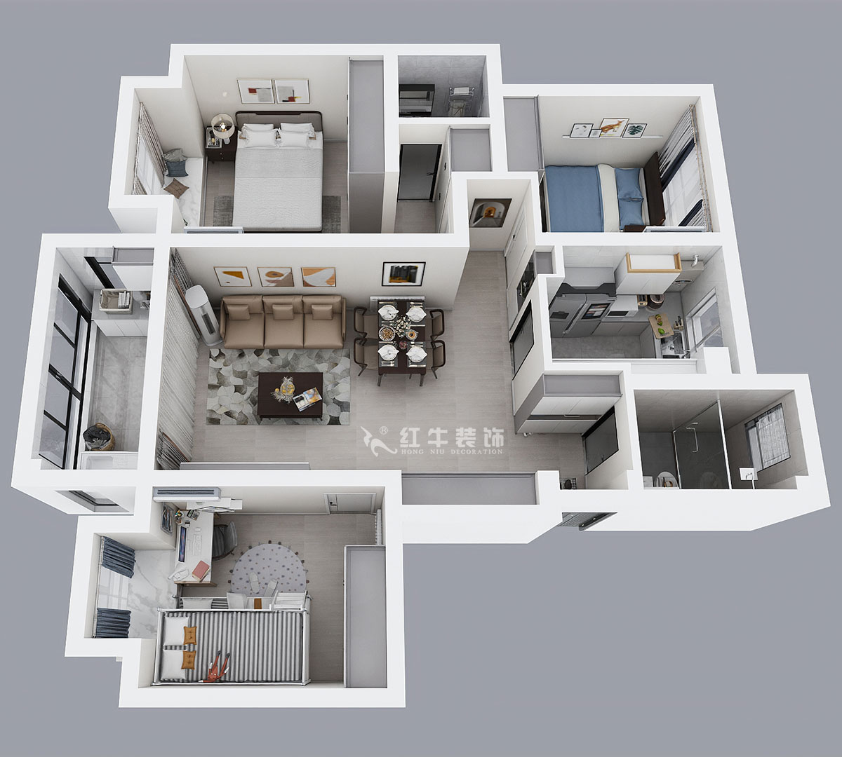 劉萍萍｜中南山錦花城10-1-802-97㎡-簡約風(fēng)格｜3室2廳2衛(wèi)｜老房裝修｜定制家￥132780｜全包14萬｜00_04鳥瞰圖