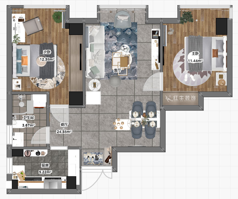 孟憲濤｜明發(fā)城市廣場22-803-78㎡-簡約風格｜2室1廳1衛(wèi)｜商用房裝修｜定制家￥105000｜全包12萬｜00_03彩平圖