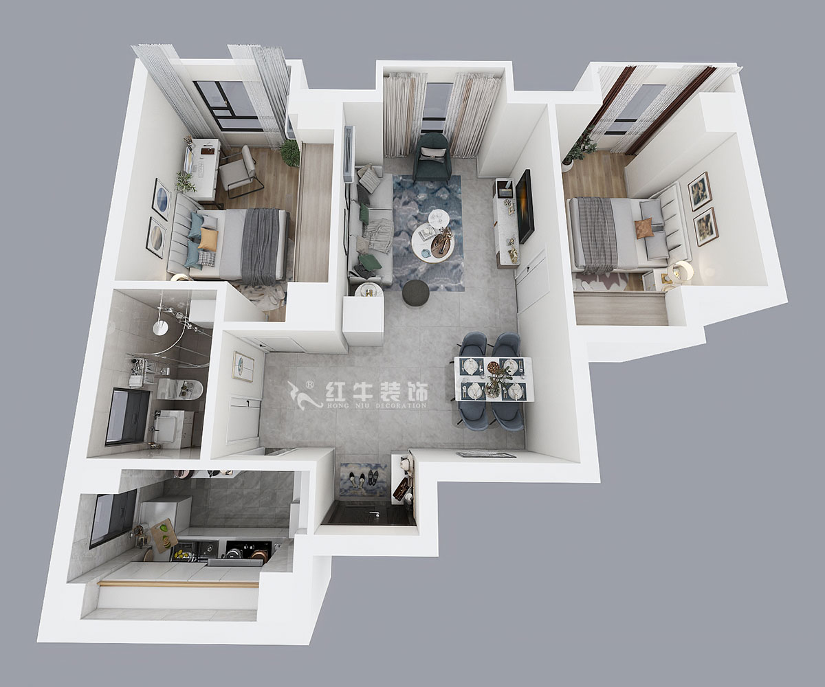 孟憲濤｜明發(fā)城市廣場22-803-78㎡-簡約風格｜2室1廳1衛(wèi)｜商用房裝修｜定制家￥105000｜全包12萬｜00_04鳥瞰圖