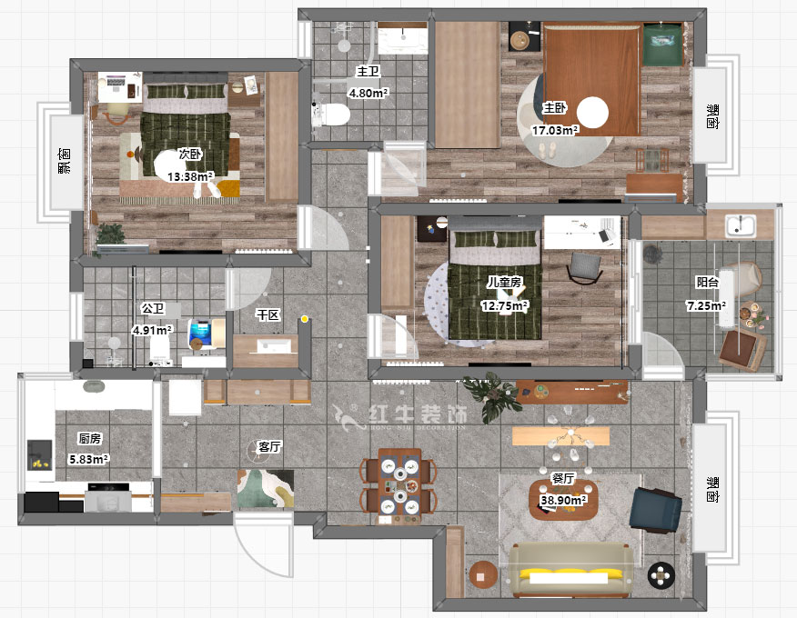 魏明花｜水秀花園15-701-128㎡-現(xiàn)代簡(jiǎn)約風(fēng)格｜3室2廳2衛(wèi)｜二手房裝修｜定制家￥176904｜全包17