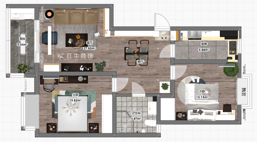 蔣?。鸹涑?-203-90㎡-現(xiàn)代簡約風格｜2室2廳1衛(wèi)｜舊房裝修｜定制家￥121293｜全包12萬｜00_03彩平圖