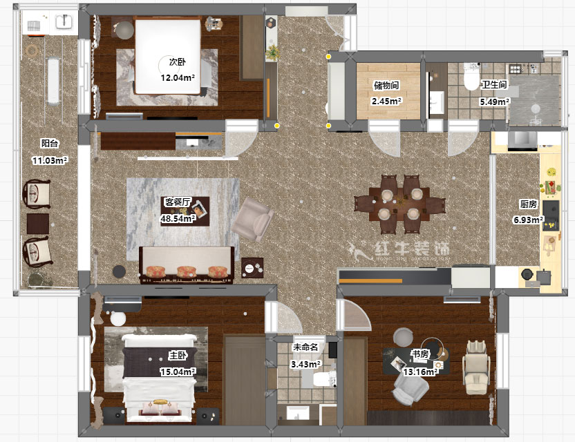 魏明花｜漢中門(mén)大街3號(hào)-3-4-307-147㎡-現(xiàn)代簡(jiǎn)約風(fēng)格｜3室2廳2衛(wèi)｜二手房裝修｜定制家￥212979｜全包21萬(wàn)｜00_02彩平圖