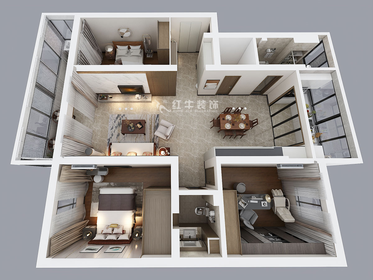 魏明花｜漢中門(mén)大街3號(hào)-3-4-307-147㎡-現(xiàn)代簡(jiǎn)約風(fēng)格｜3室2廳2衛(wèi)｜二手房裝修｜定制家￥212979｜全包21萬(wàn)｜00_03鳥(niǎo)瞰圖