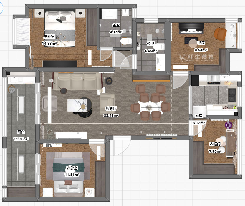 劉小勇｜復(fù)地新都國(guó)際公寓-三期20-2-1202-130㎡-現(xiàn)代簡(jiǎn)約風(fēng)格｜4室2廳2衛(wèi)｜二手房裝修｜定制家￥142400｜全包15