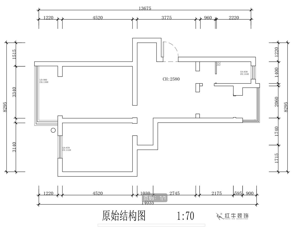 蔣琛｜安泰村21-401-80㎡-現(xiàn)代簡約風(fēng)格｜2室1廳1衛(wèi)｜舊房裝修｜定制家￥126767｜全包12萬｜00_01原始結(jié)構(gòu)圖