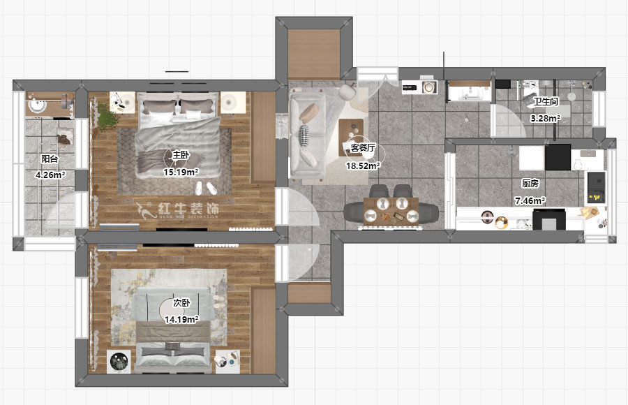 蔣?。蔡┐?1-401-80㎡-現(xiàn)代簡約風(fēng)格｜2室1廳1衛(wèi)｜舊房裝修｜定制家￥126767｜全包12萬｜00_03平面彩圖