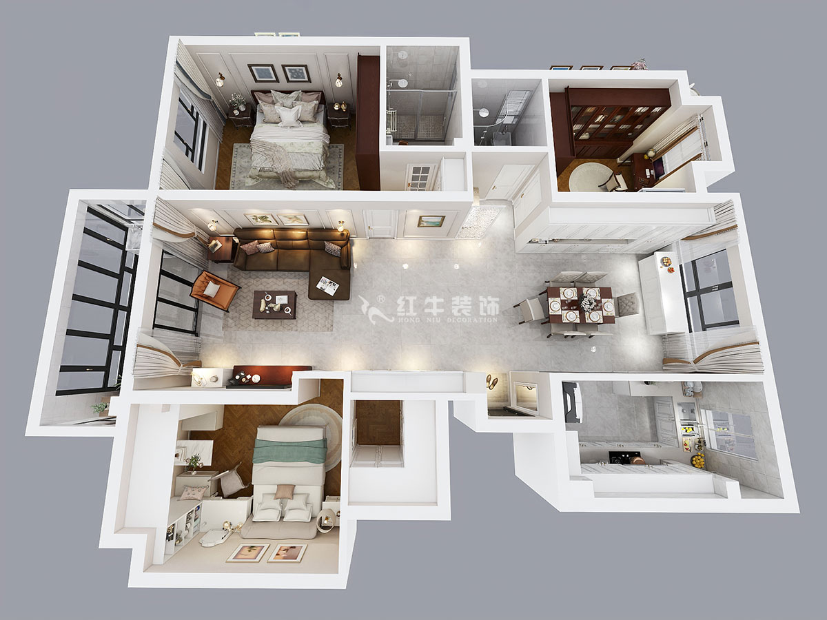 魏明花｜華府國(guó)際8-4-607-142㎡-現(xiàn)代簡(jiǎn)約風(fēng)格｜3室2廳2衛(wèi)｜毛坯房裝修｜定制家￥210681｜全包21萬(wàn)｜00_04鳥(niǎo)瞰圖