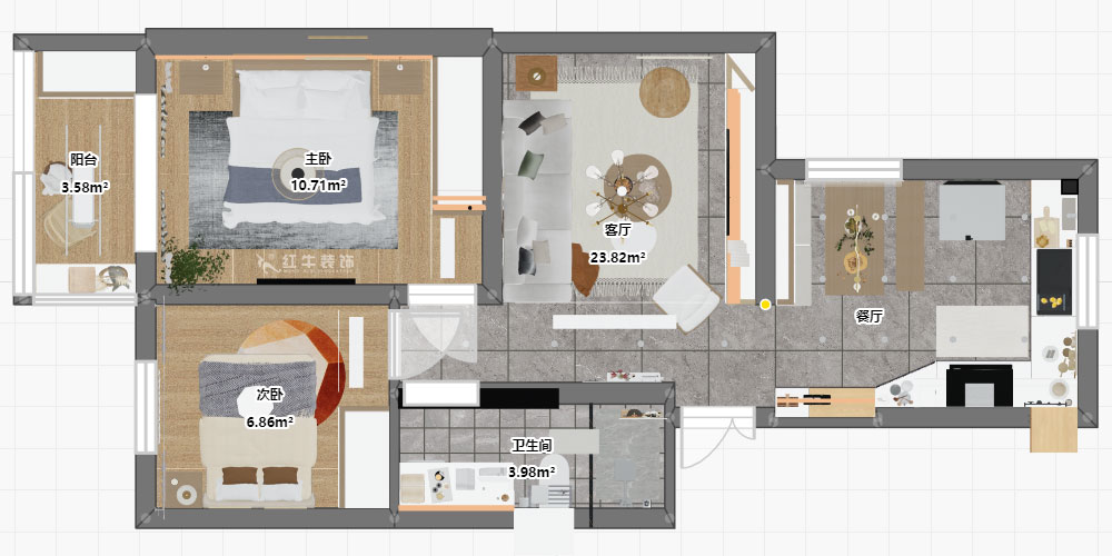 朱明琪｜富康新村8-204-63㎡-北歐原木風(fēng)格｜2室2廳1衛(wèi)｜老房翻新｜定制家￥112770｜全包11萬(wàn)｜00_03平面彩圖