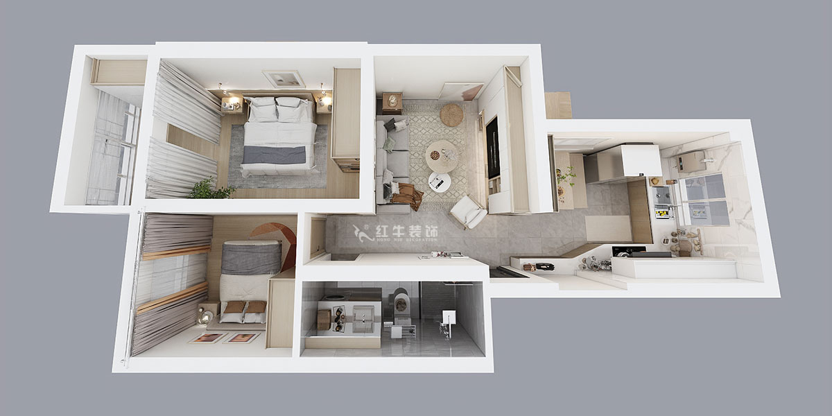 朱明琪｜富康新村8-204-63㎡-北歐原木風(fēng)格｜2室2廳1衛(wèi)｜老房翻新｜定制家￥112770｜全包11萬(wàn)｜00_04鳥(niǎo)瞰圖