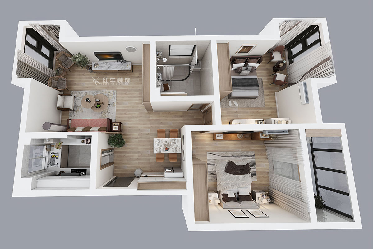 朱彥｜天潤城3街區(qū)28-1-301-95㎡-現(xiàn)代風(fēng)格｜2室2廳1衛(wèi)｜老房裝修｜定制家￥161200｜全包12萬｜00_04鳥瞰圖