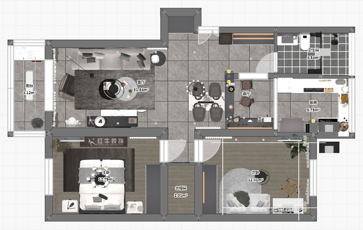 蔣琛｜天福園43-401-90㎡-現(xiàn)代簡約風格｜2室1廳1衛(wèi)｜舊房裝修｜定制家￥122757｜全包12萬｜00_03平面彩圖