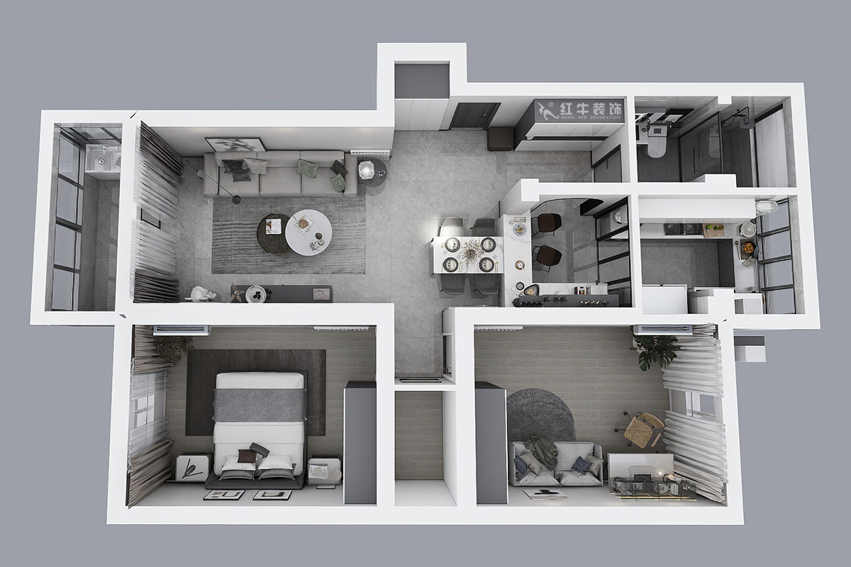 蔣?。旄@43-401-90㎡-現(xiàn)代簡約風格｜2室1廳1衛(wèi)｜舊房裝修｜定制家￥122757｜全包12萬｜00_04鳥瞰圖