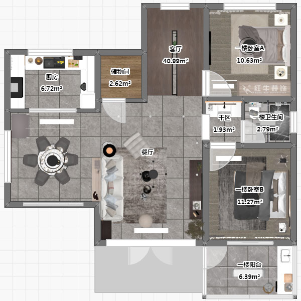 劉小勇｜酈湖美墅90-102-190㎡-現(xiàn)代風格｜4室2廳3衛(wèi)｜新房裝修｜定制家￥288000｜全包33萬｜00_05一樓平面彩圖