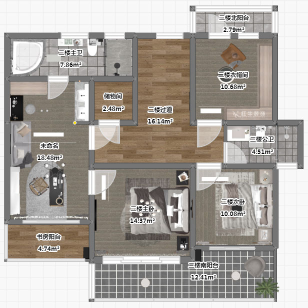 劉小勇｜酈湖美墅90-102-190㎡-現(xiàn)代風格｜4室2廳3衛(wèi)｜新房裝修｜定制家￥288000｜全包33萬｜00_06二樓平面彩圖