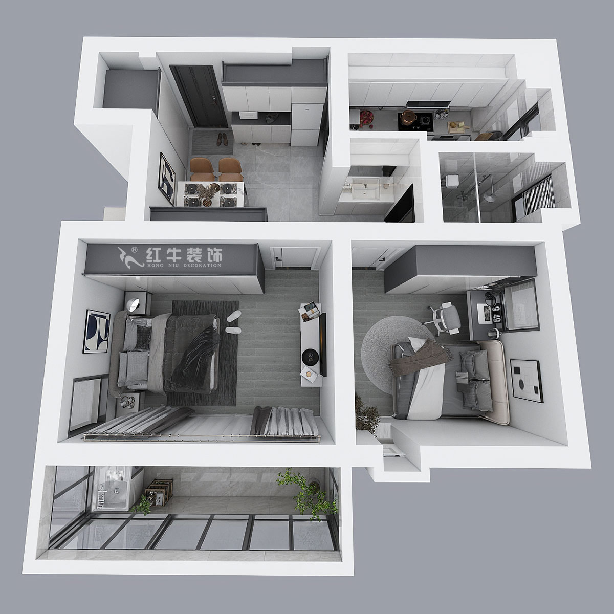 蔣琛｜公園路44號小區(qū)3-204-60㎡-現(xiàn)代簡約風(fēng)格｜2室1廳1衛(wèi)｜舊房裝修｜定制家｜全包10萬｜00_04鳥瞰圖