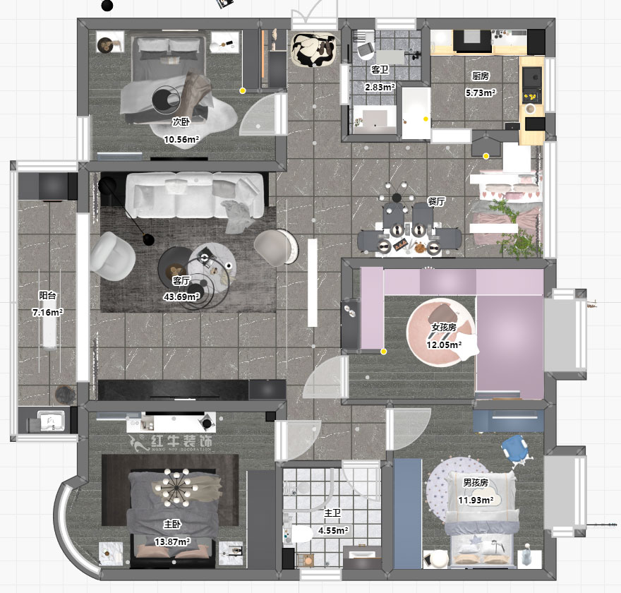 蔣?。靼l(fā)濱江新城3期332-2501-130㎡-現(xiàn)代簡約風格｜4室2廳2衛(wèi)｜舊房裝修｜定制家￥135120｜全包17萬｜00_03平面彩圖