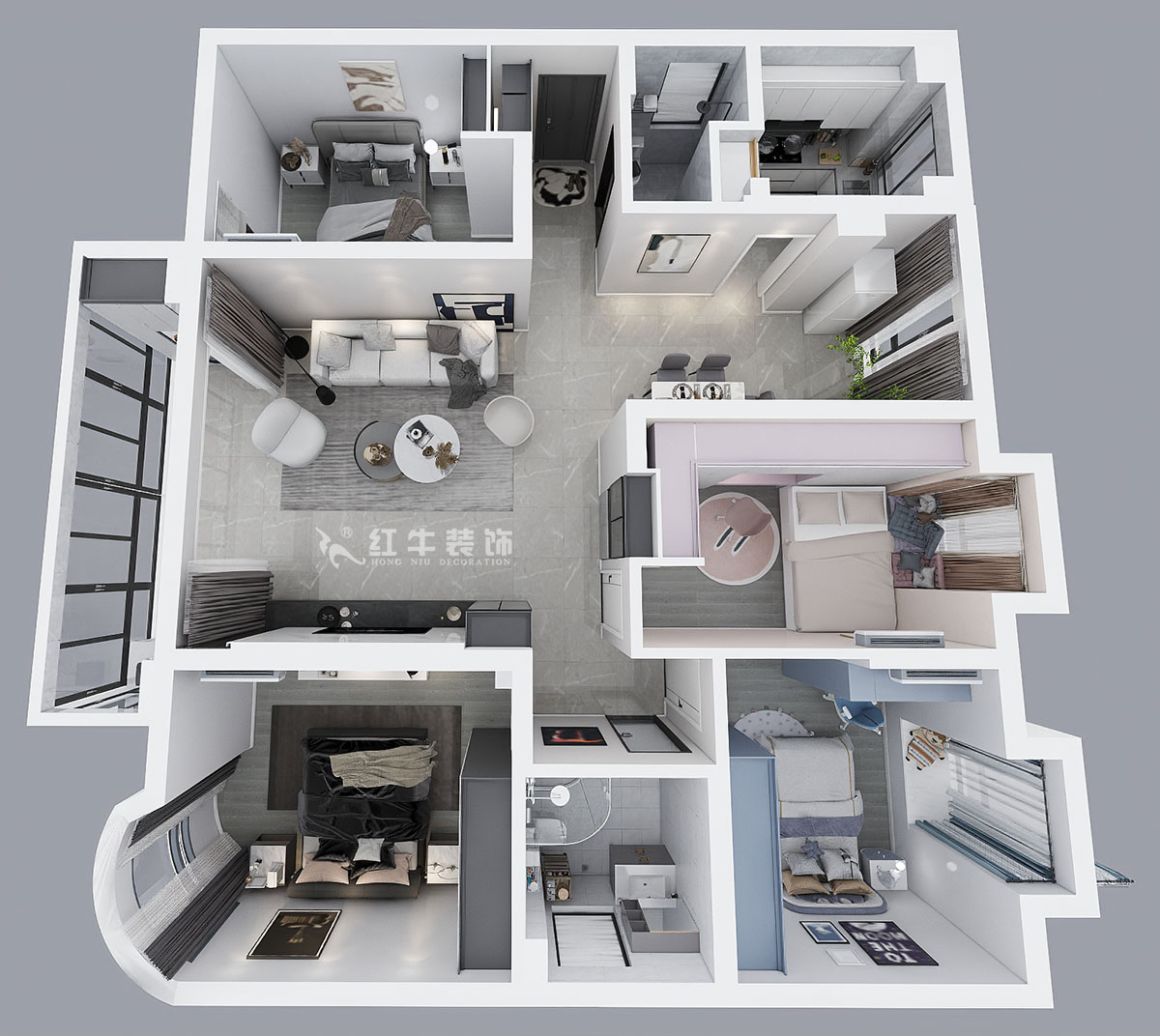 蔣?。靼l(fā)濱江新城3期332-2501-130㎡-現(xiàn)代簡約風格｜4室2廳2衛(wèi)｜舊房裝修｜定制家￥135120｜全包17萬｜00_04鳥瞰圖