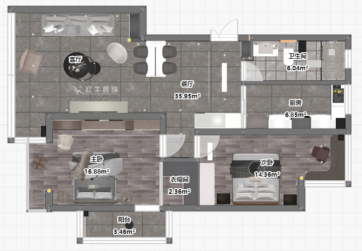 蔣?。霄沃腥A廣場11-601-110㎡-現(xiàn)代簡約風格｜2室2廳1衛(wèi)｜舊房裝修｜定制家￥140400｜全包15萬｜00_03平面彩圖