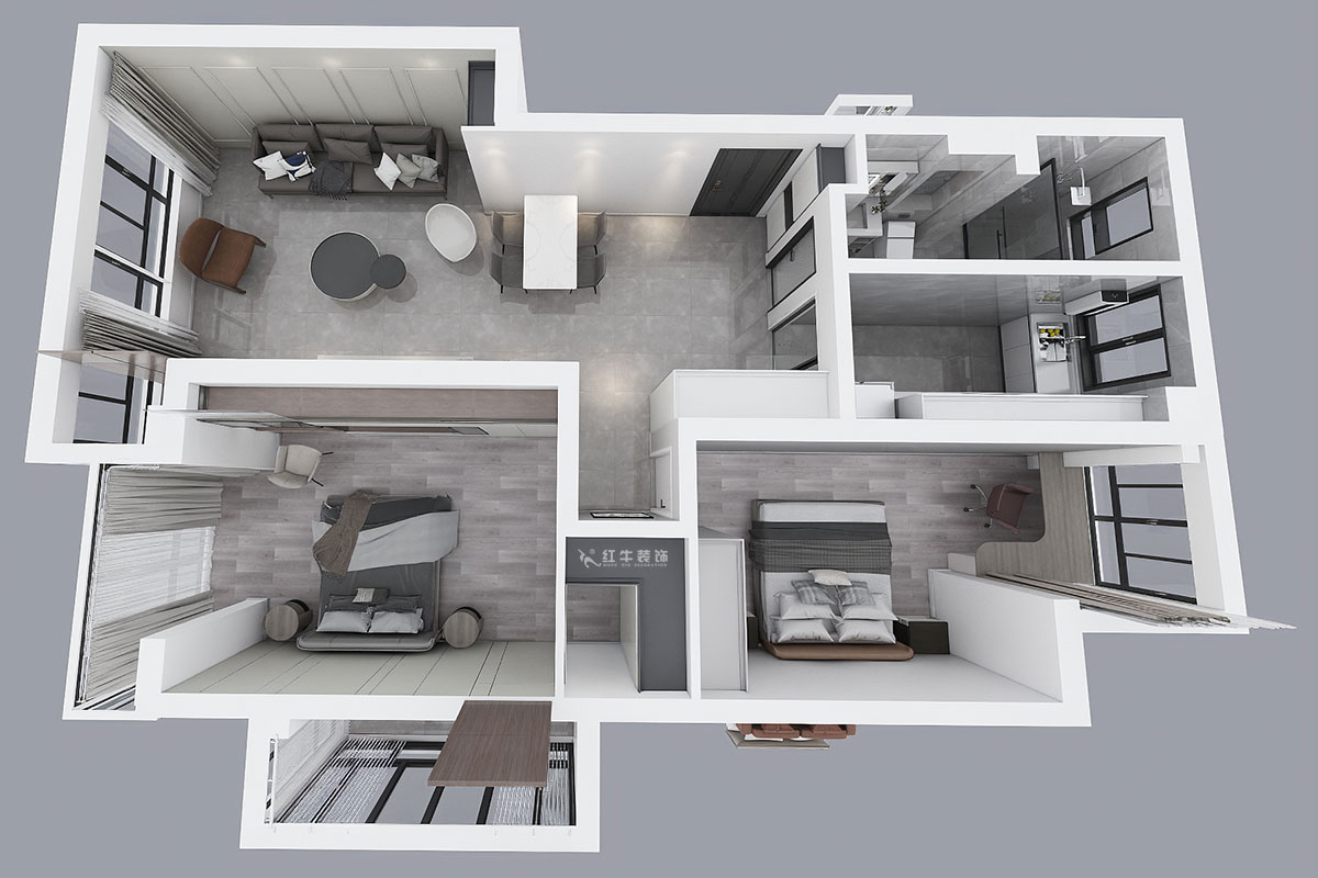蔣?。霄沃腥A廣場11-601-110㎡-現(xiàn)代簡約風格｜2室2廳1衛(wèi)｜舊房裝修｜定制家￥140400｜全包15萬｜00_04鳥瞰圖