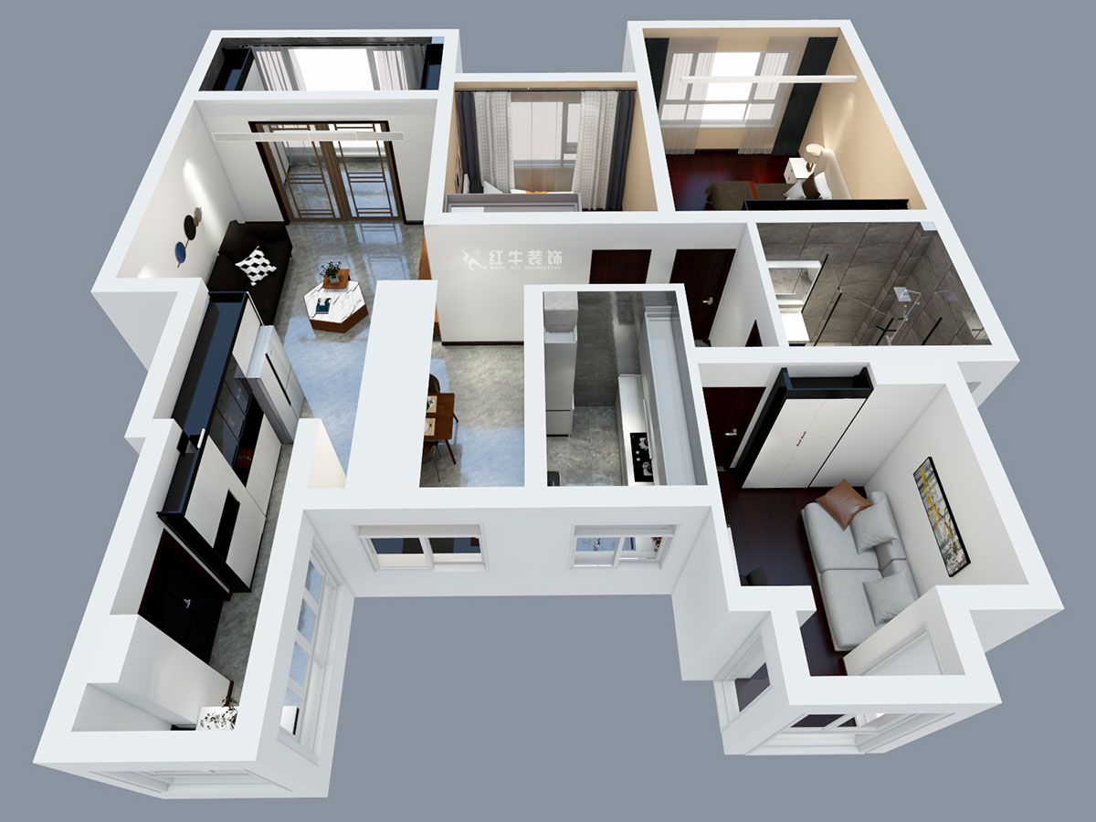 張智猿｜弘陽(yáng)上院19-504-110㎡-現(xiàn)代風(fēng)格｜3室2廳1衛(wèi)｜新房裝修｜定制家￥100902｜全包14萬｜00_04鳥瞰圖