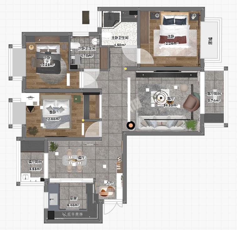 朱明琪｜海德北岸17-1-1401-120㎡-簡約風格｜3室2廳2衛(wèi)｜新房裝修｜定制家￥185496｜全包17萬｜00_03平面彩圖