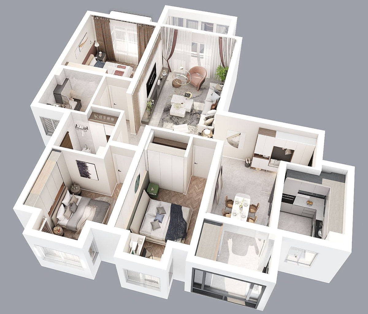 朱明琪｜海德北岸17-1-1401-120㎡-簡約風格｜3室2廳2衛(wèi)｜新房裝修｜定制家￥185496｜全包17萬｜00_04鳥瞰圖