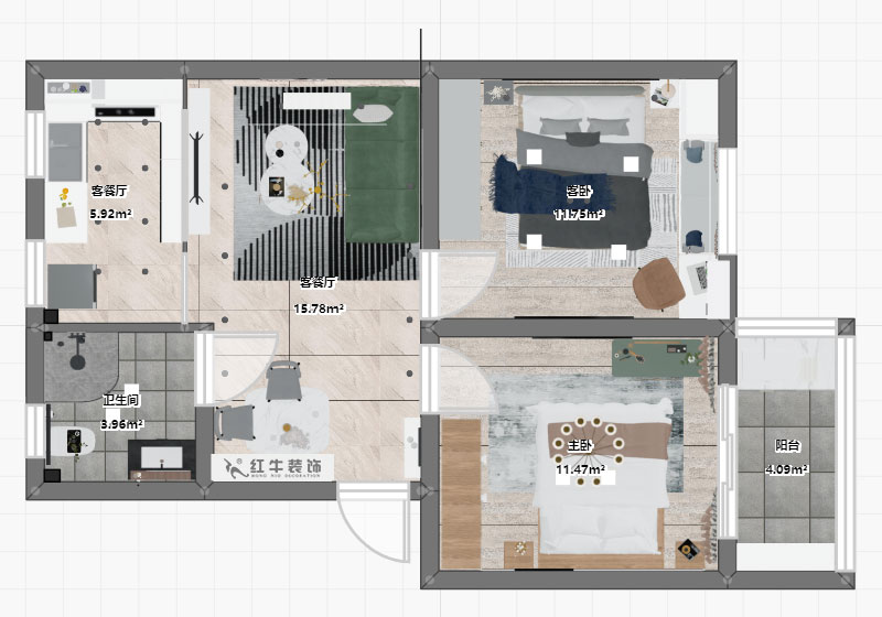 朱明琪｜旭光里57-4-407-69㎡-現(xiàn)代簡約風格｜2室2廳1衛(wèi)｜老房翻新｜定制家￥113520｜全包11萬｜00_03平面彩圖