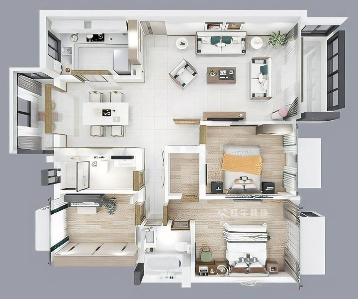 蔣琛｜香格里拉東苑6-302-130㎡-新中式風(fēng)格｜3室2廳2衛(wèi)｜舊房裝修｜定制家￥158973｜全包19萬(wàn)｜00_04鳥瞰圖