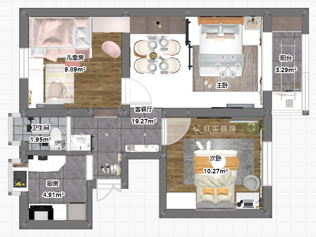 孟憲濤｜峨嵋?guī)X12號(hào)5-403-64㎡-現(xiàn)代簡(jiǎn)約風(fēng)格｜3室1廳1衛(wèi)｜新房裝修｜定制家￥88600｜全包10萬(wàn)｜00_03平面彩圖