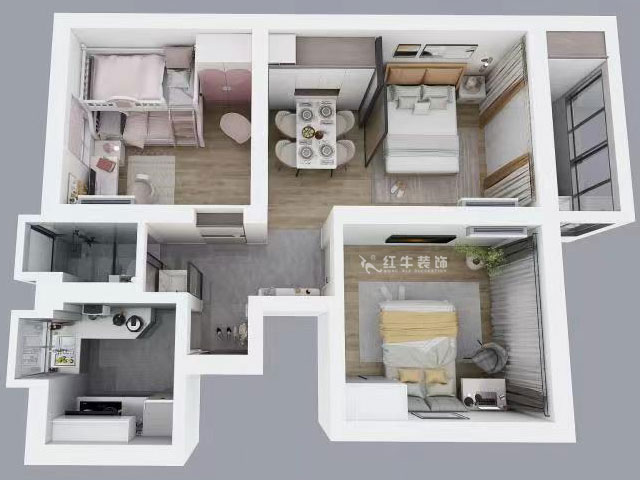 孟憲濤｜峨嵋?guī)X12號(hào)5-403-64㎡-現(xiàn)代簡(jiǎn)約風(fēng)格｜3室1廳1衛(wèi)｜新房裝修｜定制家￥88600｜全包10萬(wàn)｜00_04鳥瞰圖