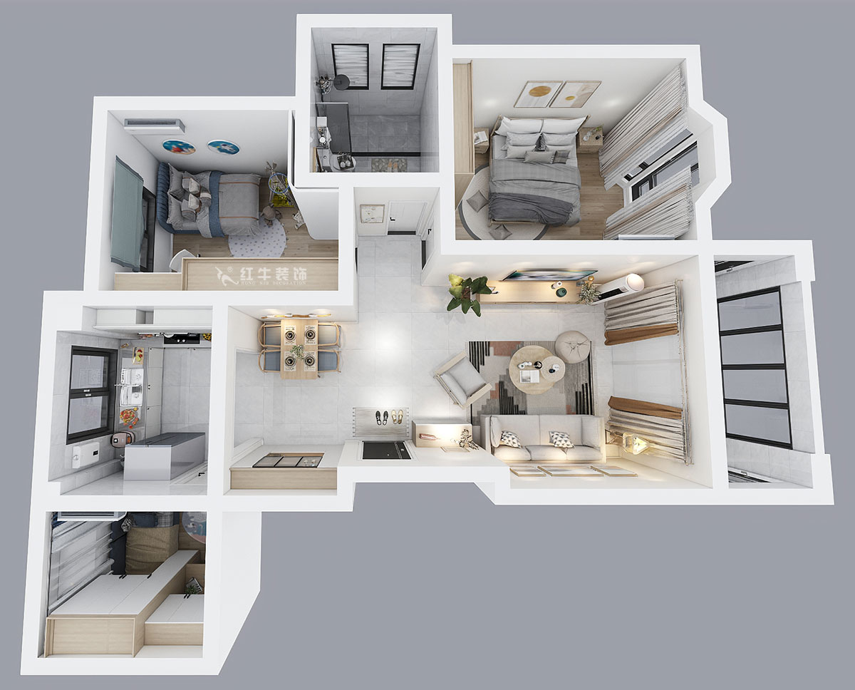 吳波｜御水灣花園61-401-90㎡-現(xiàn)代風(fēng)格｜2室2廳1衛(wèi)｜舊房裝修｜定制家￥102861｜全包11萬(wàn)｜00_04鳥瞰圖