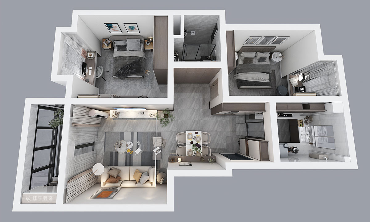 吳波｜亞?wèn)|國(guó)際13-105-90㎡-現(xiàn)代風(fēng)格｜2室2廳2衛(wèi)｜舊房裝修｜定制家￥114404｜全包12萬(wàn)｜00_04鳥(niǎo)瞰圖