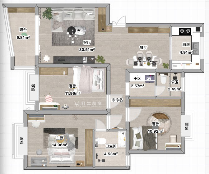 蔣?。鸶［?-405-110㎡-現(xiàn)代簡約風(fēng)格｜2室2廳2衛(wèi)｜新房裝修｜定制家｜全包15萬｜00_04平面彩圖